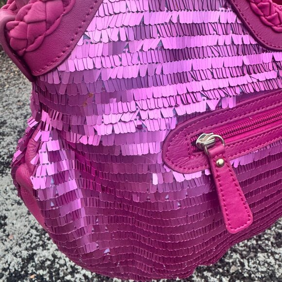 Sharif Designed in New York Pink Leather Sequin Fringe Shoulder Bag Magenta - Picture 15 of 17